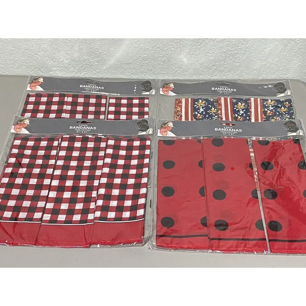 Lot of 15 Bandanas 100% Cotton Red Black Checkered Dots Floral‎ Clover Stars 21”